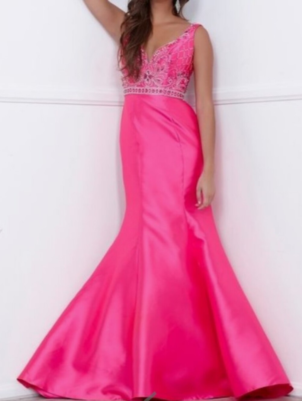 Hot Pink Beaded V-Neck Mermaid Gown
